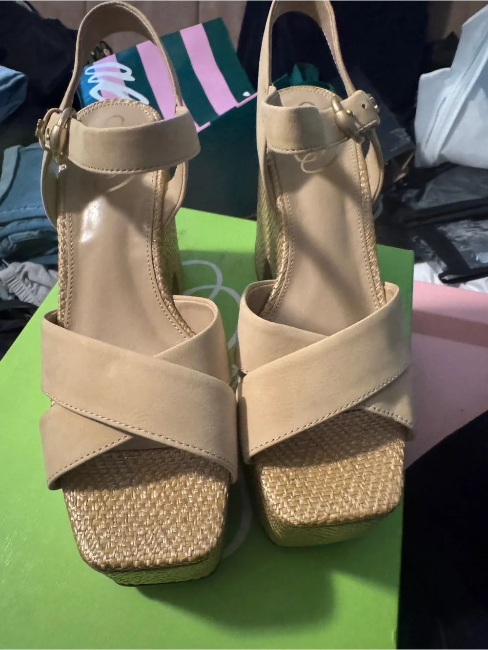 Sam Edelman Tan Woven Platform Wedge Sandals